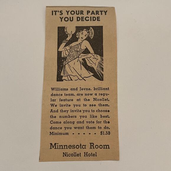 None and/or Unknown Other - Nicollet Hotel Williams and Jevne Dance 1935 Minneapolis Newspaper Ad SAG7-M13